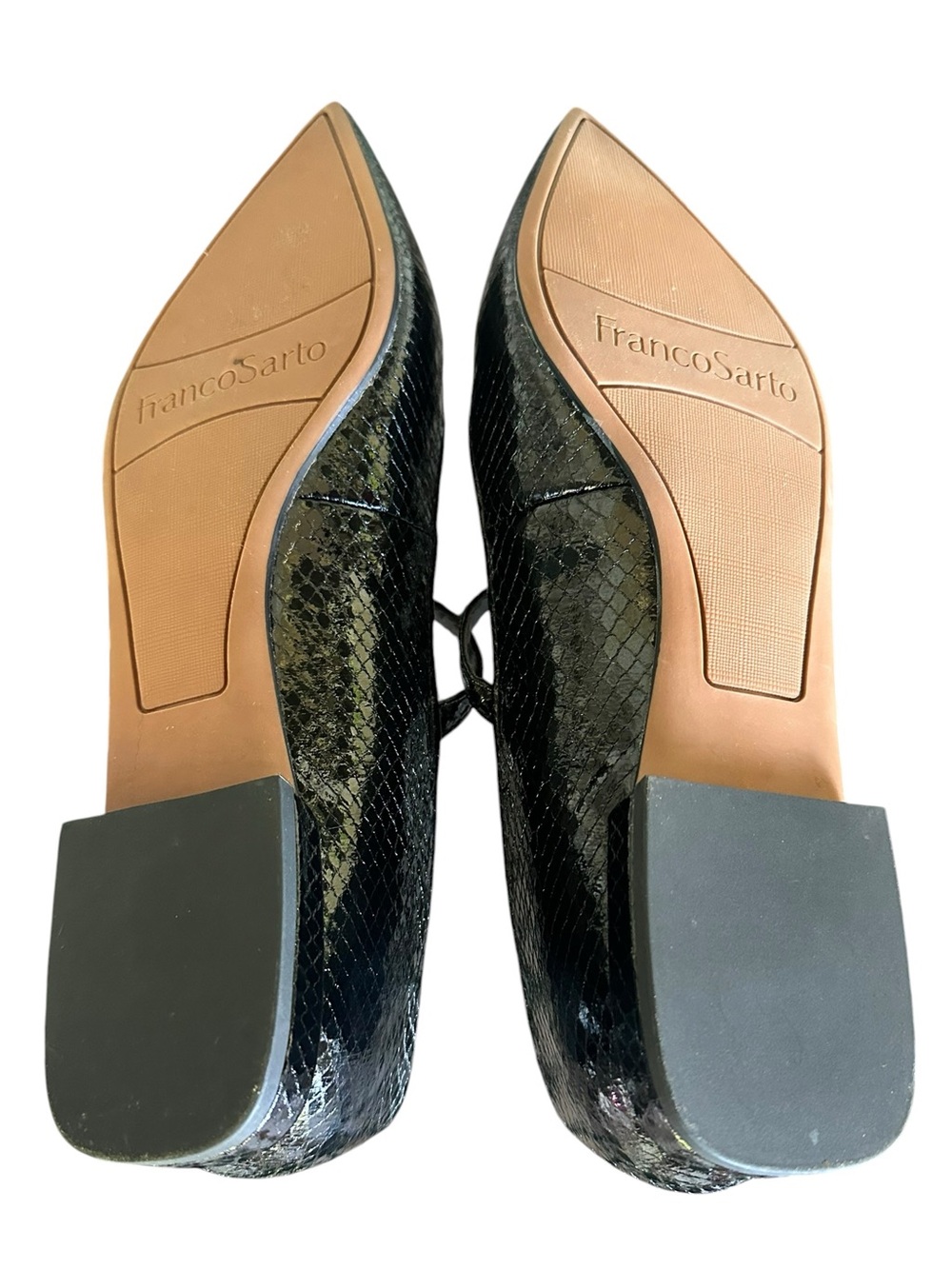 FRANCO SARTO Nalin Black Snakeskin Patent Leather Pointed Toe Mary Jane Flats - Picture 8 of 10